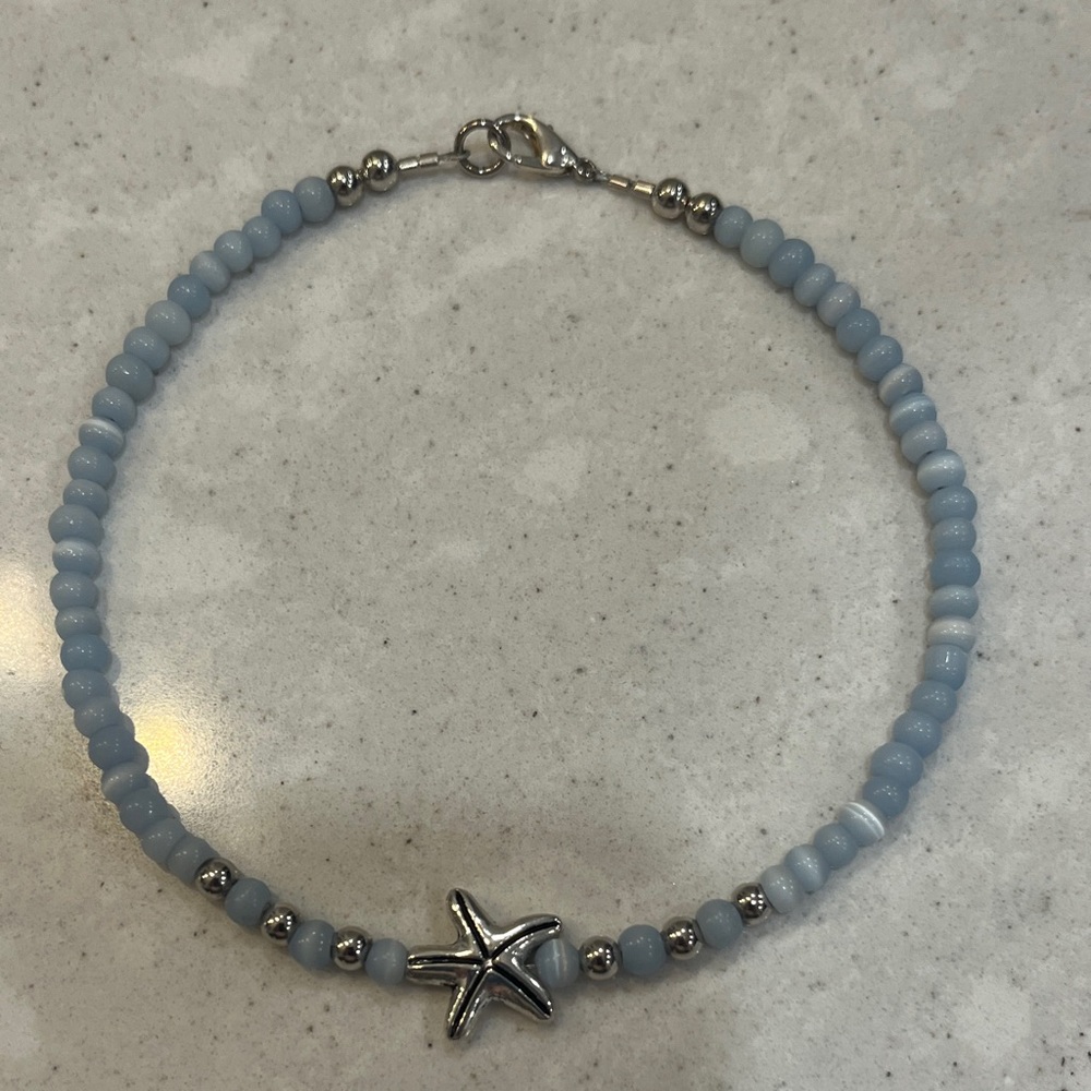 Silver Starfish Light Blue Beaded- Anklet Women's Jewelry